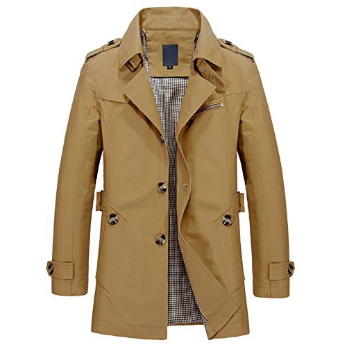 WSLCN Herren Klassik Jacke Trench Winter Freizeitjacke Herbst Mantel Revers Einfarbig Mittellang Baumwolle Dunkel Khaki DE S (Asie XL) von WSLCN