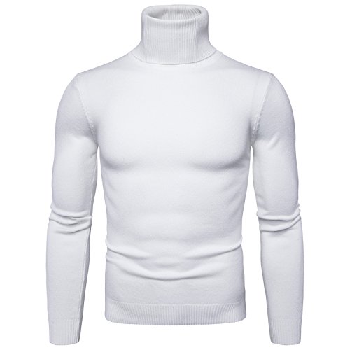 WSLCN Herren Rollkragen Pullover Slim Fit Einfarbig Klassik Umlegekragen Strickshirt Sweater Freizeit Tops Weiß DE M (Asie L) von WSLCN