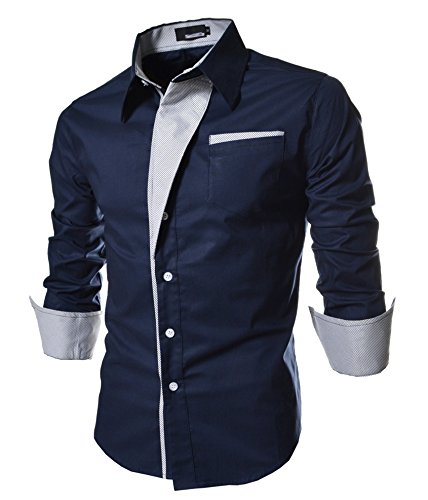 WSLCN Herren Schick glänzend Langarm Hemd Freizeithemd Slim Fit Kontrastfarben Dunkelblau asiatisch 3XL (DE L) von WSLCN