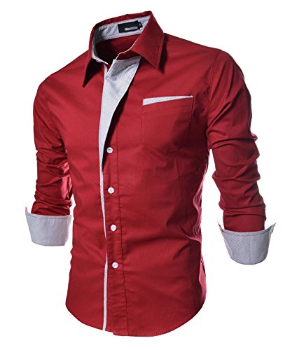 WSLCN Herren Schick glänzend Langarm Hemd Freizeithemd Slim Fit Kontrastfarben Rot asiatisch XXL (DE M) von WSLCN