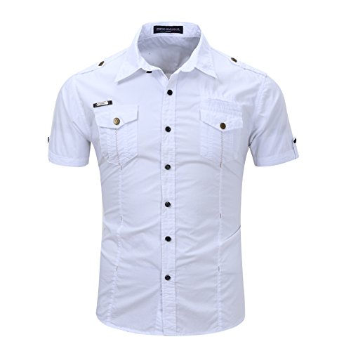 WSLCN Herren Sommer Kurzarm Freizeithemd Outdoor Hemden Einfarbig Slim Fit Weiß M von WSLCN