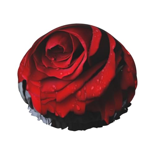 Eine rote Rose bedruckte Duschhaube für Frauen, wasserdichte Badekappen, wiederverwendbar, doppellagig, Duschhut, Badehaube, Duschhauben für Männer und Damen, Spa-Salon von WSOIHFEC