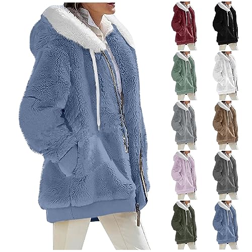 Damen Wintermantel Lang Fleecejacke Damen mit Kapuze Kapuzenpullover Winter Warm Kuscheljacke Teddy Jacken für Damen Teddyjacke Einfarbige Warme Jacke mit Durchgehendem Reißverschluss Taschen Blau Xxl von WSYZXXN