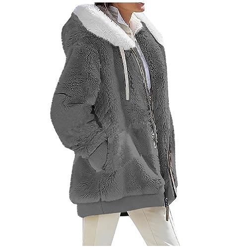 Leder Mantel Damen Fleecejacke Damen mit Kapuze Kapuzenpullover Winter Warm Kuscheljacke Teddy Jacken für Damen Teddyjacke Einfarbige Warme Jacke mit Durchgehendem Reißverschluss Taschen Grau 4Xl von WSYZXXN