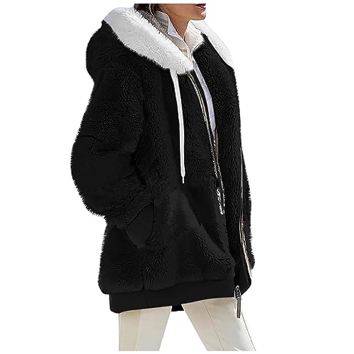 Ledermantel Damen Lang Fleecejacke Damen mit Kapuze Kapuzenpullover Winter Warm Kuscheljacke Teddy Jacken für Damen Teddyjacke Einfarbige Warme Jacke mit Durchgehendem Reißverschluss Taschen Schwarz S von WSYZXXN