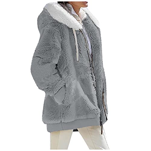 Woman Winter Coat Fleecejacke Damen mit Kapuze Kapuzenpullover Winter Warm Kuscheljacke Teddy Jacken für Damen Teddyjacke Einfarbige Warme Jacke mit Durchgehendem Reißverschluss Taschen Grau L von WSYZXXN