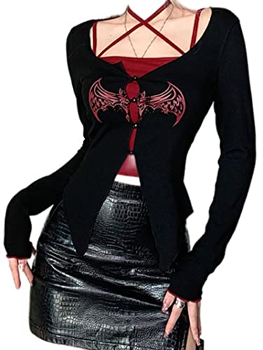 Gothic Ästhetische T-Shirts Zweiteilige Sets Sexy Frauen Camis Grafik Langarm Crop Tops von WSZJLN
