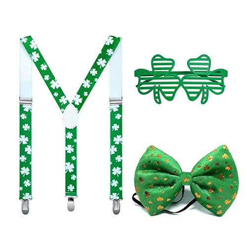 3 Stück St. Patrick´s Day Costume Accessories Hosenträger Brille Fliege mit Kleemuster Kostüm Accessoire Motto-Party Karneval von WUERKIYA