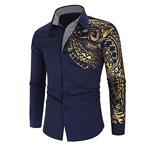 WUGDSQGH Herren Blumen Hemd Langarm Personalisiertes Bedrucktes Hemd Herren Herbst Slim Langarm Gold Schwarz Hemd Herren Social Herren Herren Club Abschlussball Hemd, Marineblau, L von WUGDSQGH