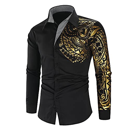 WUGDSQGH Herren Blumen Hemd Langarm Personalisiertes Bedrucktes Hemd Herren Herbst Slim Langarm Gold Schwarz Hemd Herren Social Herren Herren Club Abschlussball Hemd, Schwarz, M von WUGDSQGH