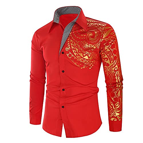 WUGDSQGH Herren Blumen Hemd Langarm Personalisiertes Bedrucktes Hemd Herren Herbst Slim Langarm Gold Schwarz Hemd Herren Social Herren Herren Club Prom Shirt, Rot, 3XL von WUGDSQGH