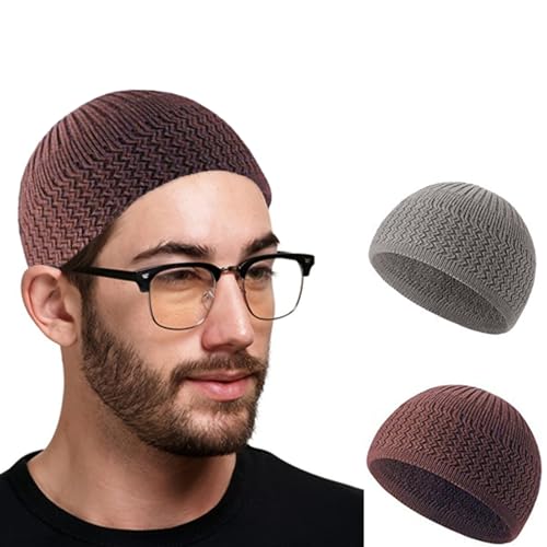 WURTON 2 Stück Strick Baumwolle Schädel Mütze Kopfbedeckung Herren Häkel Masche Schädelmütze Beanie Islam Gebets Hut Herren Kopfbedeckungen Für Jede Jahnreszeit (Baumwolle, Gray + Coffee) von WURTON