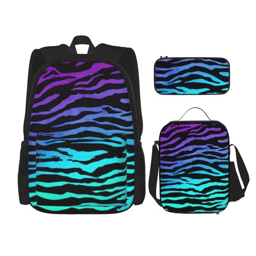 WURTON 3-in-1-Büchertaschen-Set mit Camouflage-Zebra-Streifen, für Mädchen und Jungen, Schultaschen, Teenager, Lunchbox- und Federmäppchen, Violett / Blau / Grün von WURTON