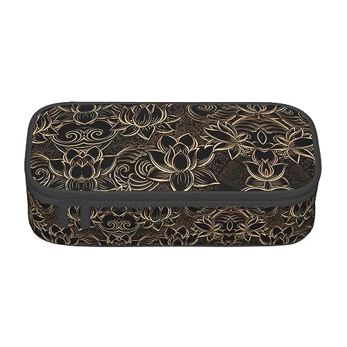 WURTON Boho Gold Lotus Blumen Drucken Federmäppchen für Jungen Mädchen Stifttaschen Große Kapazität Bleistift Tasche Bürobedarf von WURTON