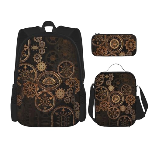 WURTON Gears Clock Bronze Century Print Rucksack Mädchen Jungen Schultaschen Teenager Lunchbox und Federmäppchen 3 in 1 Büchertaschen Set von WURTON