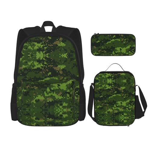 WURTON Grüner Armee-Rucksack mit digitalem Camouflage-Druck, für Mädchen und Jungen, Schultaschen, Teenager, Lunchbox und Federmäppchen, 3-in-1-Büchertaschen-Set von WURTON