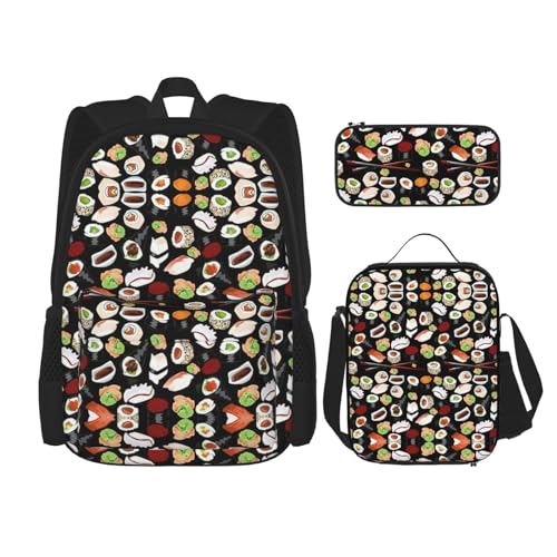 WURTON Japanischer Sushi-Rucksack mit schwarzem Druck, für Mädchen und Jungen, Schultaschen, Teenager, Lunchbox und Federmäppchen, 3-in-1-Büchertaschen-Set von WURTON