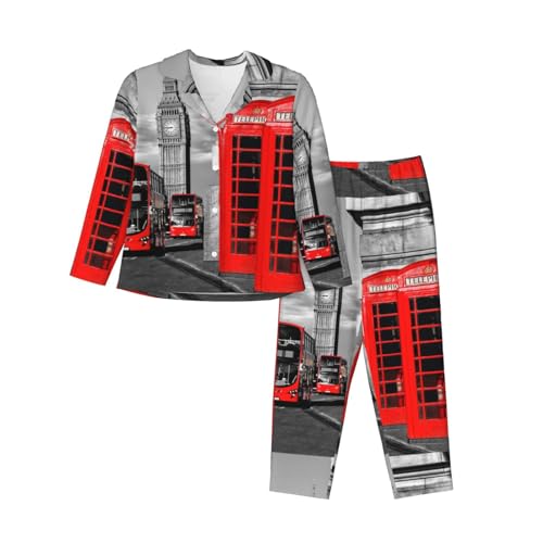 WURTON Klassischer Langarm-Pyjama für Damen, Motiv: England, London, Telefondruck, Knopf-Set, Loungewear, Nachtwäsche, warmer Schlafanzug, Schwarz, XL von WURTON