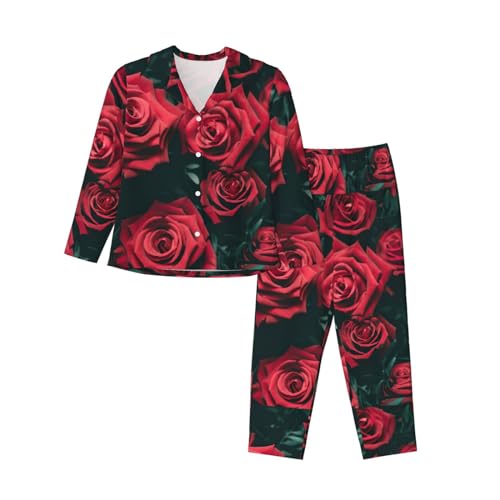 WURTON Rote Rose Print Damen Klassisch Geeignet für Winter Frauen Langarm Pyjama Set Chic Nachtwäsche, Schwarz, S von WURTON