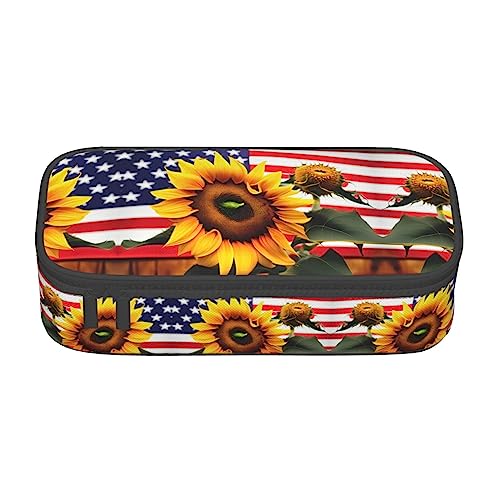 WURTON Sonnenblume und amerikanische Flagge Druck unisex Reißverschluss Große Kapazität Bleistift Fall Kleine Stift Tasche Erwachsene Kosmetik Make-up Tasche Bürobedarf von WURTON