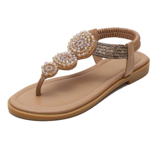 WYGGD Damen Elastische Riemen String Thong Knöchelriemen Sommer Gladiator Flache Sandalen Mode Flip Flop Schuhe, Apricot-37 von WYGGD