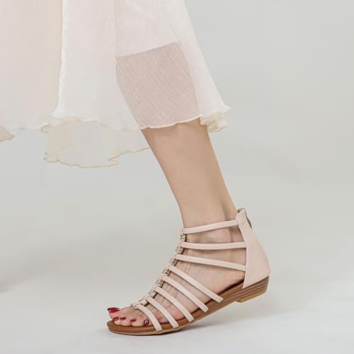 WYGGD Damen Flache Sandale Komfort Damen Offene Zehen Riemchensandalen Flache Fisherman Cross Strappy Sandalen, Apricot-36 von WYGGD