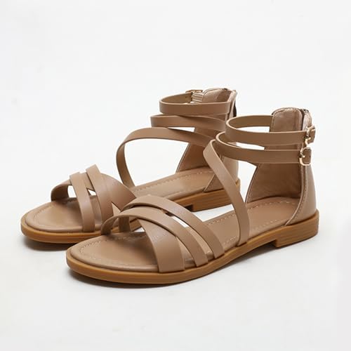 WYGGD Damen Flache Sandale Komfort Damen Offene Zehen Riemchensandalen Flache Fisherman Cross Strappy Sandalen, Apricot-36 von WYGGD