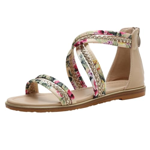 WYGGD Damen Flache Sandale Komfort Damen Offene Zehen Riemchensandalen Flache Fisherman Cross Strappy Sandalen, Apricot-36 von WYGGD