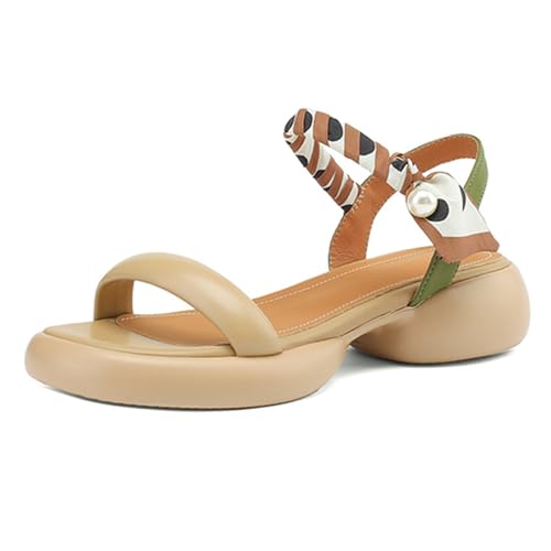 WYGGD Damen Slide Sandalen Offene Zehe Elastische Knöchelriemen Flache Sommer Sandalen Casual Flatform Plattform Keil Sandalen Für Frauen,Apricot-35 von WYGGD