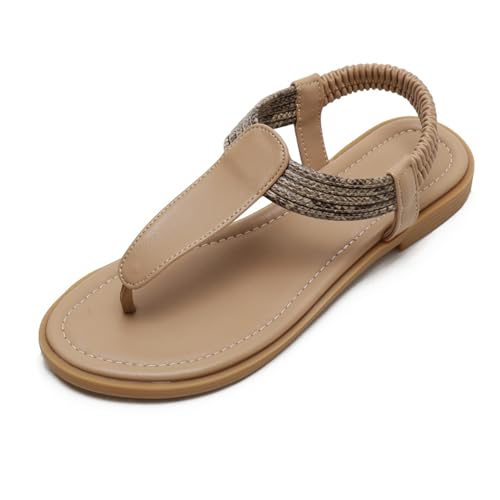 WYGGD Damen elastische Riemen String Thong Knöchelriemen Sommer Gladiator flache Sandalen Mode Flip Flop Schuhe, Apricot-36 von WYGGD