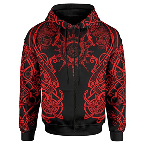 WYPAN Herren Wikinger Hoodies,Langarm 3D Digitaldruck Nordische Mythologie Rune Grafiken Totem Tattoos Vintage Neuheit Pullover Reißverschluss Sweatshirt,Zipper Hoodie,3XL von Shot Case