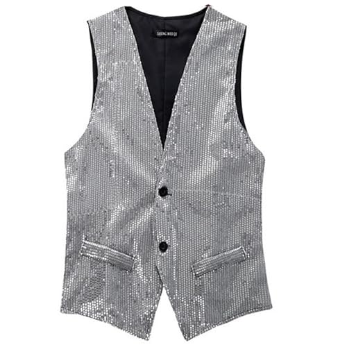 Wahuan Herren Pailletten Anzugweste, V-Ausschnitt, Ärmellos, 2 Button Down Weste Herren Pailletten 70er Ärmellos Glitzer Weste Mantel Disco Karneval Kostüm Rave Outfit Paillettenweste (Silver, XXXXL) Wahuan Herren Pailletten Anzugweste, V-Ausschnitt, Ärmellos, 2 Button Down Weste Herren Pailletten 70er Ärmellos Glitzer Weste Mantel Disco Karneval Kostüm Rave Outfit Paillettenweste (Silver, XXXXL) von Wahuan