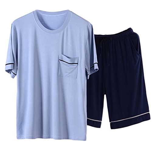 Wahuan Schlafanzug Herren Kurz Pyjama Sommer Pyjama Set Shorts&T-Shirt Schlafanzüge Schlafanzug Lang Nachtwäsche Hausanzug Shorty Sleepwear Kurzarm Schlafhose schnelles trockenes (a-Sky Blue, XXXXL) von Wahuan