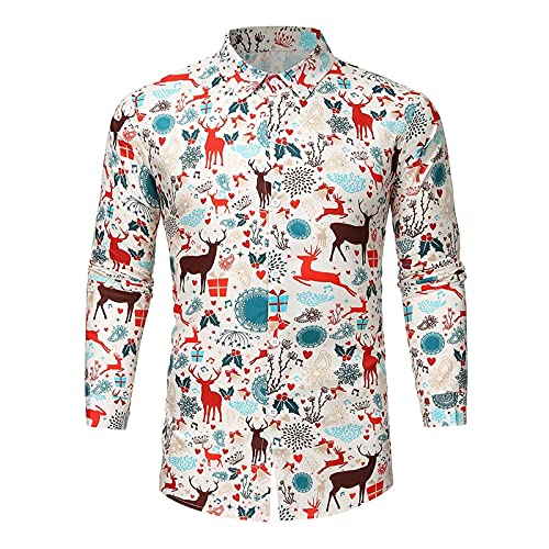 Weihnachtshemd Herren, Weihnachten Muster 3D Bedruckte Hemd Freizeithemd Männer Langärm Slim Fit Funky Christmas Shirt Stehkragen Lustige Funky Hemden Langarmhemd Langarmshirt Button (R1-White, XXXL) von Wahuan