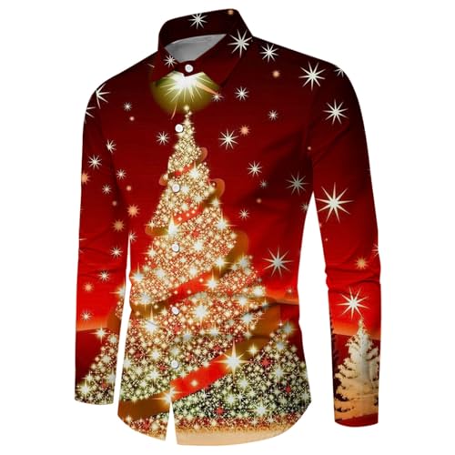 Weihnachtshemd Herren, Weihnachten Muster 3D Bedruckte Hemd Freizeithemd Männer Langärm Slim Fit Funky Christmas Shirt Stehkragen Lustige Funky Hemden Langarmhemd Langarmshirt Button Up (Gold-1, L) von Wahuan