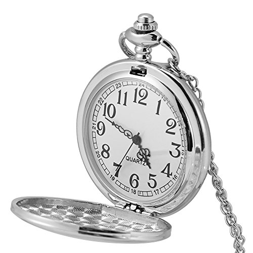 Klassische Quarz Analog Glatt Taschenuhr Halskette Anhänger mit Kette, Langlebiges Legierungsketten und Gehäusematerial (Feine glänzende Silberkette) von Wakects