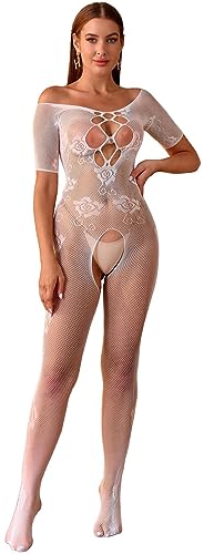 Walang Damen Dessous Mesh Spitze Bodycon Reizwäsche Bodystocking Netz Schrittfreie Bodysuit Ausgeschnittene Strumpfhose Bodycon Unterwäsche (Weiß) von Walang