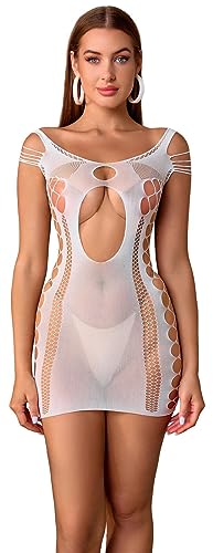 Walang Damen Dessous Sexy Fischnetz Bodysuit Nachtkleid im Bodycon-Stil Reizwäsche Durchsichtiges Chemise Party Clubwear Stretchy Outfit Babydoll Kleider (Weiß) von Walang