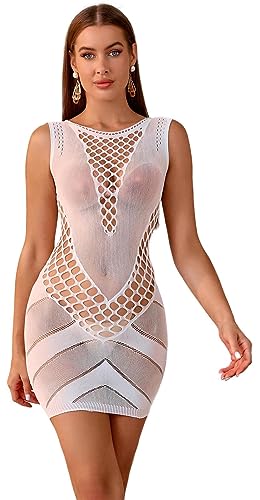 Walang Damen Fischnetz Sexy Dessous Bodycon Stretch Langes Schlauchkleid Outfits Rundhalsausschnitt Maxikleid Party Club Unterwäsche (Weiß) von Walang