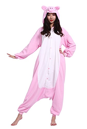 Männer Damen Pyjama Kostüm Overall Plüschoverall Tier Verkleidung für Erwachsene Rosa Schwein von Wamvp