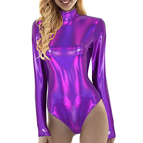 Damen Metallic Langarm Ballett Tanz Trikot Leotard Glänzende Ballettanzug Ballettbody Tanzbody Lack Bodysuit Wetlook Body Sport Gymnastik Turnanzug Top Kostüm (Purple, S) von WanWorlder