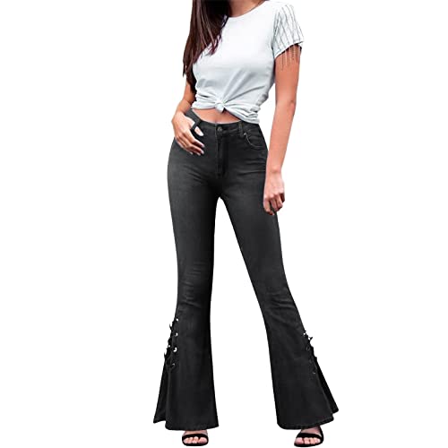 WanWorlder Damen Stretch Denim Flare Jeans Schlaghosen Ausspülen Wash Out Jeans mit mittlerer Taille zum Schnüren Stretch-Jeans Schlaghosen M-3XL, Z16-schwarz von WanWorlder