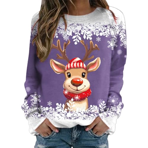 Weihnachtspullover Damen Sweatshirt Rundhals Langarm Rentier Weinglas Weihnachtsmann Druck Langarmshirt Teenager Mädchen Christmas Sweatshirt Weihnachtspulli Oberteile Tops Pullover (b-Purple, L) von WanWorlder