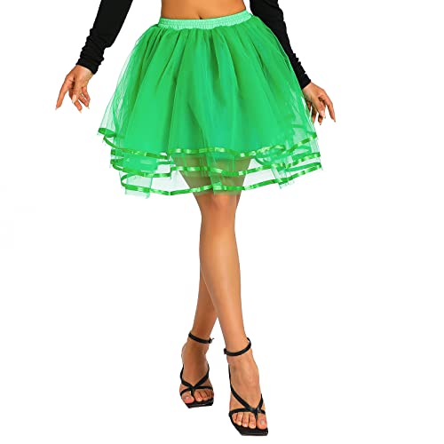 Karneval Tüllrock Damen Mädchen Festlich Kostüm Petticoat Blase Tutu Unterrock Kurz Ballett Band Tanzkleid 50er Mini Rock Partykleid (Einheitsgröße, Grün) von WangsCanis