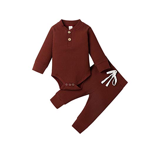 Neugeborene Unisex 2 Stück Baby Kleidung Junge Mädchen Solid Button Bodysuit Strampler Langarm Tops Kordelzug Hosen Strick Outfit (Kaffee, 3-6 Monate) von WangsCanis
