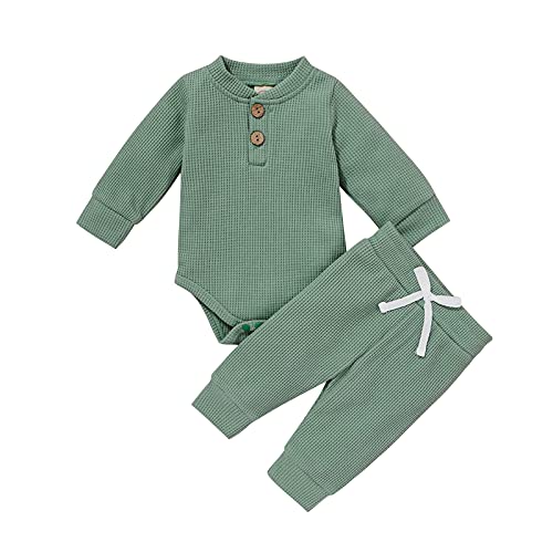 Neugeborene Unisex 2 Stück Baby Kleidung Junge Mädchen Solid Button Bodysuit Strampler Langarm Tops Kordelzug Hosen Strick Outfit Neugeborene Unisex 2 Stück Baby Kleidung Junge Mädchen Solid Button Bodysuit Strampler Langarm Tops Kordelzug Hosen Strick Outfit von WangsCanis