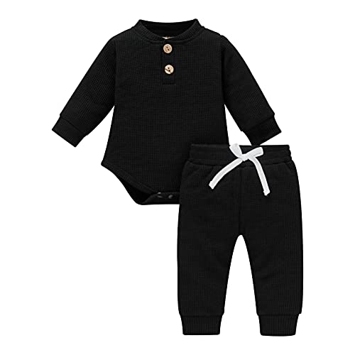 Neugeborene Unisex 2 Stück Baby Kleidung Junge Mädchen Solid Button Bodysuit Strampler Langarm Tops Kordelzug Hosen Strick Outfit von WangsCanis
