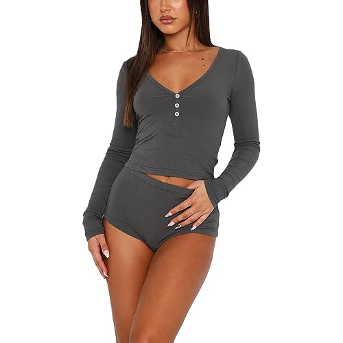 WangsCanis Damen 2-teiliges Pyjama Set Gerippt Langärmelig Bauchfreies Oberteil mit Knopfleiste und Shorts Lounge Bekleidungsset Schlafanzüge Set Nachtwäsche (121 Grau, S, 36) von WangsCanis