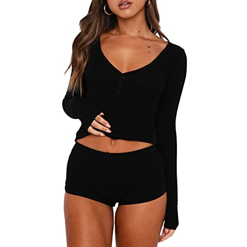 WangsCanis Damen 2-teiliges Pyjama Set Gerippt Langärmelig Bauchfreies Oberteil mit Knopfleiste und Shorts Lounge Bekleidungsset Schlafanzüge Set Nachtwäsche (121 Schwarz, S, 36) von WangsCanis