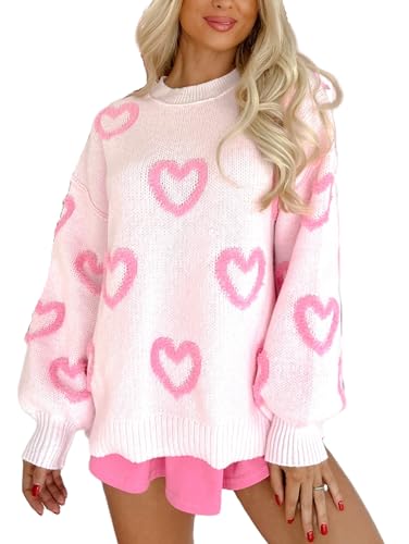 WangsCanis Damen Mode Pullover mit Herz Aufdruck Romantisch Übergroßer Pullover Top Liebe Herz Langarm Valentinstag Pullover Strickkleidung (1 Cute Pink, S) von WangsCanis